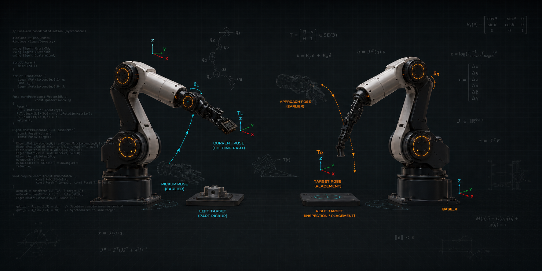 Two robotic manipulators performing pickup and placement motions with C++ code and coordinate frames in the background.